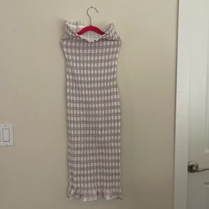 Strapless midi , stretchy but comfortably fitted gingham dress
